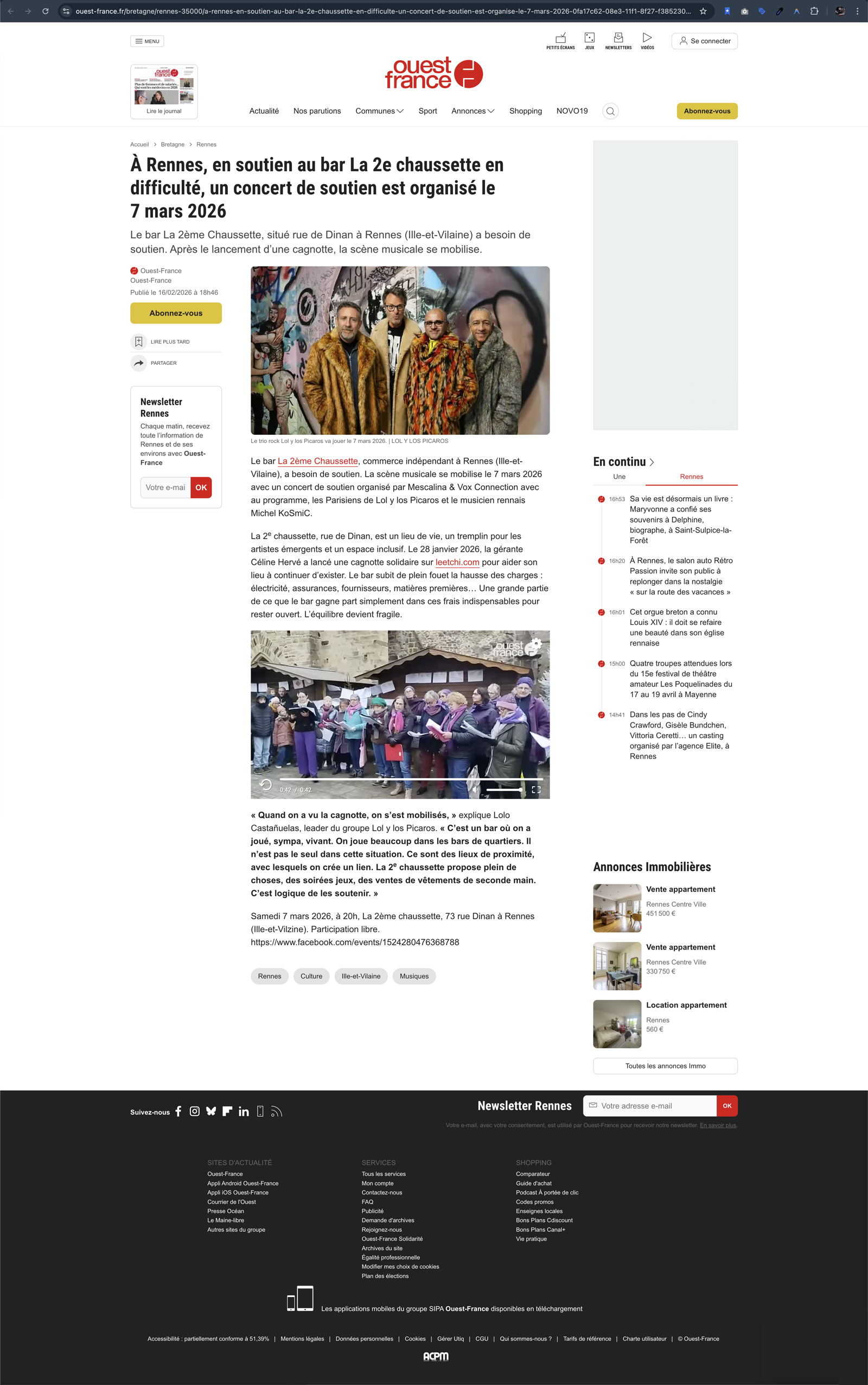 À Rennes, en soutien au bar La 2e chaussette en difficulté, un concert de soutien est organisé le 7 mars 2026
